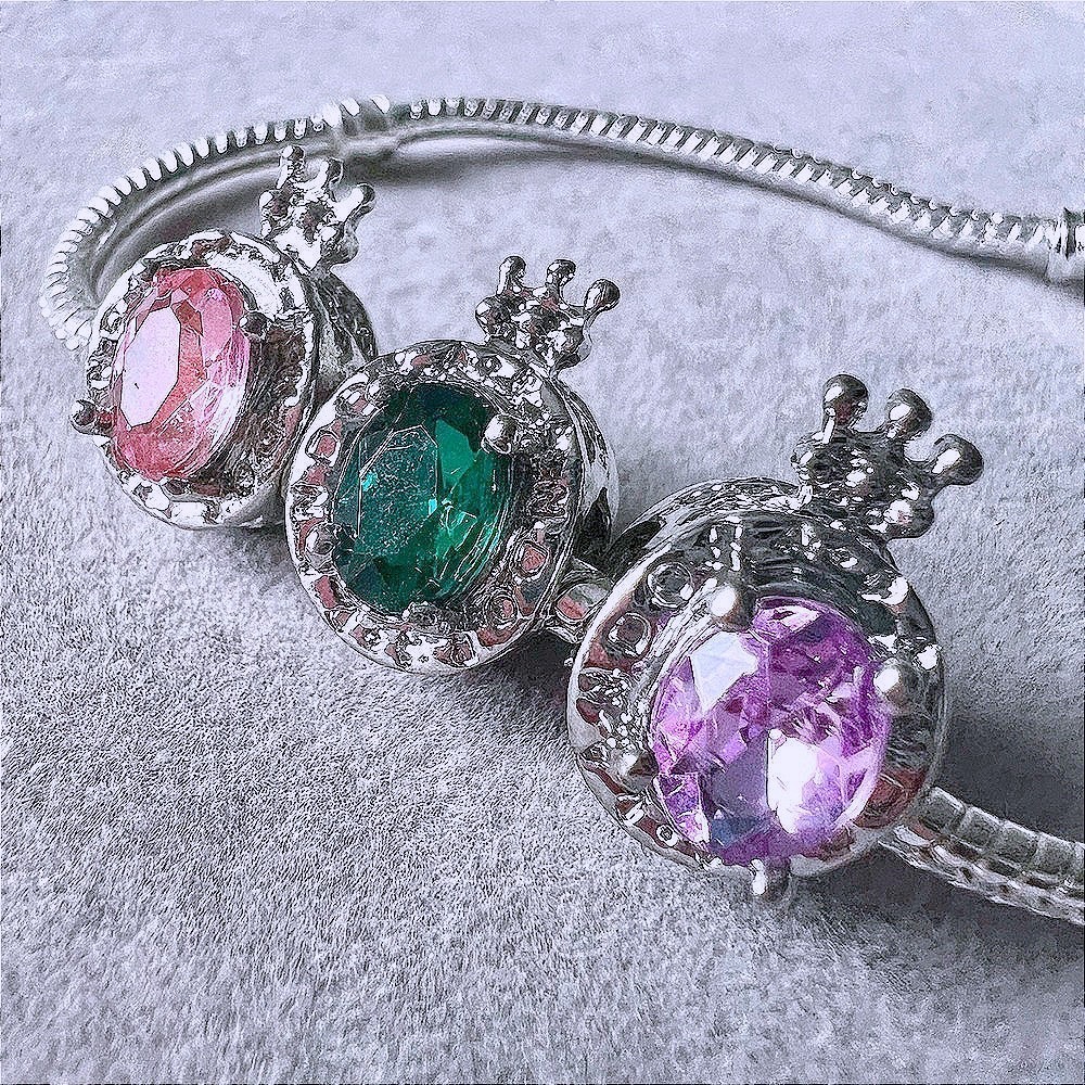 Silver Crown Charm Bracelet Princess Gemstone Pink Green Purple